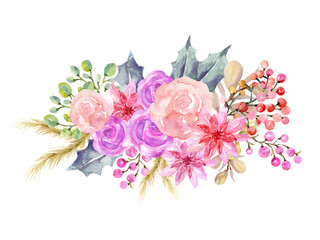 Luxury christmas and happy new year holiday winter swason template set. Watercolor winter leaf branch, holly, isolated background