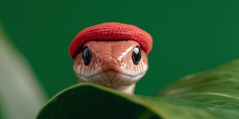 Naklejka premium A quirky lizard wearing a red hat peeks out from behind a green leaf, creating a playful and whimsical scene.