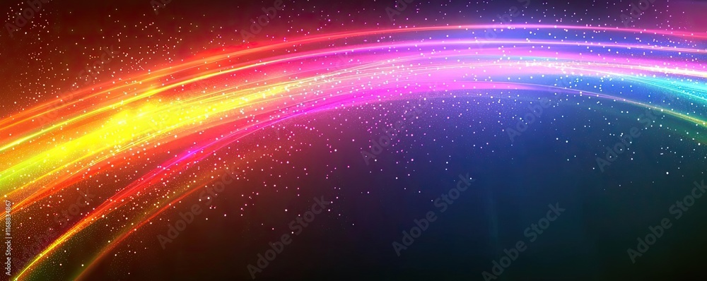 Poster rainbow abstract background idea. a vibrant rainbow wave with sparkling particles on a dark backgrou