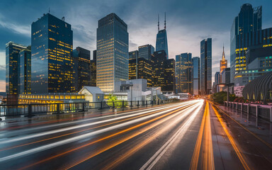 Obraz premium modern city with tall skyscrapers. futuristic city at night. 