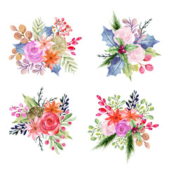 Luxury christmas and happy new year holiday winter swason template set. Watercolor winter leaf branch, holly, isolated background