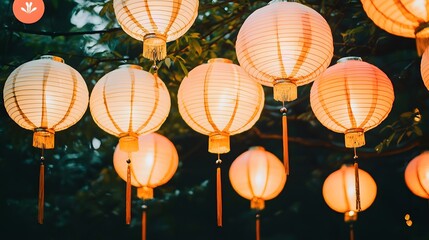 Illuminated Asian Paper Lanterns Hanging Outdoors at Night