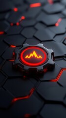 Futuristic gear emblem glowing red on a dark hexagonal surface. Ideal for tech and innovation themes.