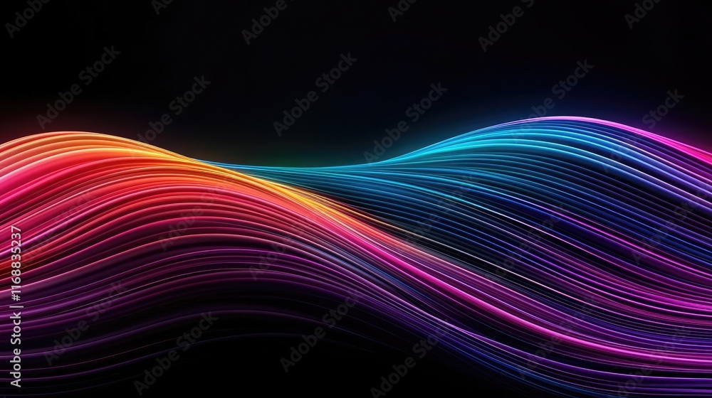 Poster rainbow abstract background idea. vibrant wavy lines in a spectrum of colors on a dark background.
