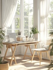 Bright Sunny Workspace With Wooden Desk and Chair