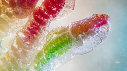 Abstract Close up of Frozen Plant Stems Vibrant Red and Green Hues Ice Crystals Macro Photography