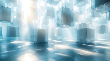 Abstract image of floating glass cubes in a misty, sunlit space.
