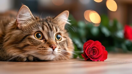 Valentine's Day cat and red rose wallpaper concept. A curious cat rests beside a vibrant red rose, creating a serene and charming atmosphere.
