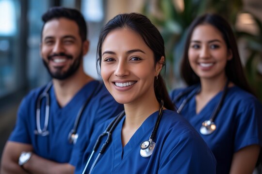 Smiling healthcare team in dark blue uniforms standing in medical facility