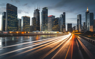 modern city with tall skyscrapers. futuristic city at night. 