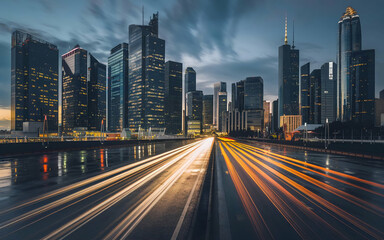 Fototapeta premium modern city with tall skyscrapers. futuristic city at night. 