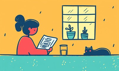 Fototapeta premium Calm morning moment: a person sipping coffee, reading the newspaper at the table, cat dozing nearby