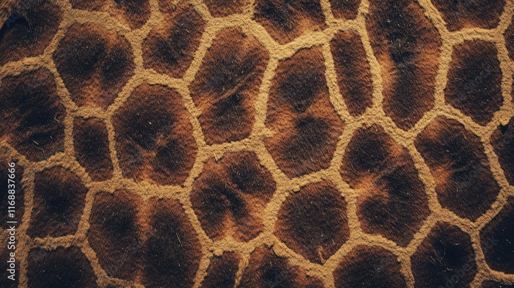 Poster intricate close-up texture of giraffe skin displaying unique pattern of brown and yellow tones for a