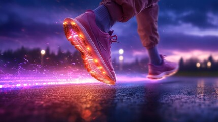Futuristic sneakers with glowing soles in a vibrant urban night. Generative AI