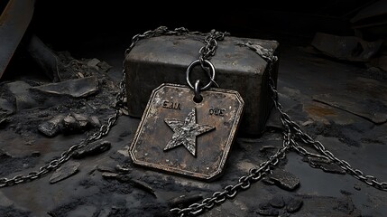 Rustic Charm: A Weathered Military Dog Tag on a Dark, Industrial Surface AI Generated