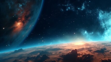 Alien Planet Sunrise Over Misty Mountains And Nebula