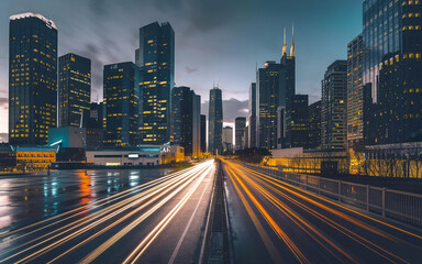 Naklejka premium modern city with tall skyscrapers. futuristic city at night. 