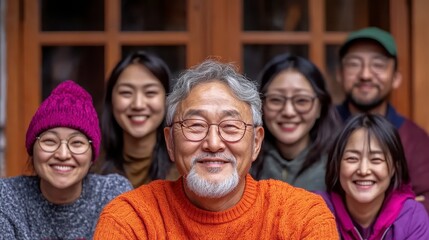 Fototapeta premium Happy Multigenerational Asian Family Portrait Smiling Senior Man with Children and Grandchildren