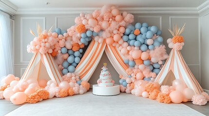 Elegant birthday party setup with pastel balloons, teepees, and cake.