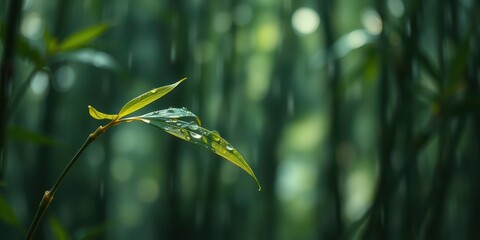 Tranquil Rain A Single Bamboo Shoot Adorned with Dew Drops in a Lush Green Forest