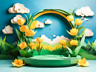 modern origami nature backdrop with cylinder display platform, surrounded by yellow tulip flowers with leaves, green grass, and a blue sky with clouds
