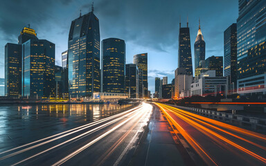 modern city with tall skyscrapers. futuristic city at night. 