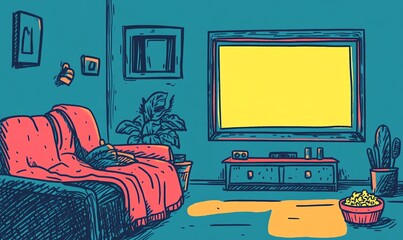 Softly lit living room, characters on a couch under a blanket, popcorn bowl, big TV screen glow