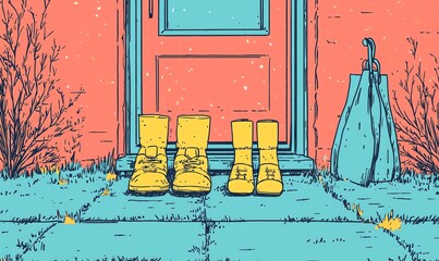 Family cluster at the doorway, swapping shoes for slippers, umbrellas and coats on the side.