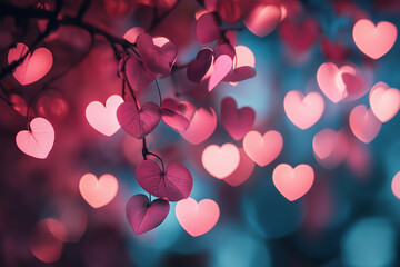 Romantic glowing pink heart lights hanging on branches in a dreamy dark background for Valentine's Day or love-themed designs.