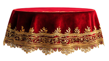 Elegant red tablecloth with gold trim for festive occasions.