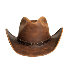 Weathered brown leather cowboy hat with rustic details on transparent background.