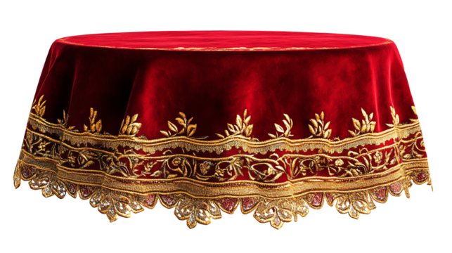 Elegant red tablecloth with gold trim for festive occasions.