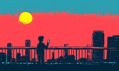 Boy leaning on a small balcony railing, phone in hand, city skyline in pastel twilight