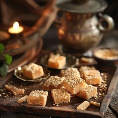 Fototapeta premium lohri sweets like sesame and jaggery placed on rustic table