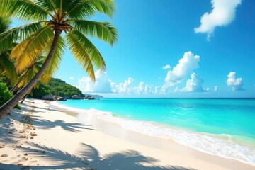 Sunny Beachscape with Palm Trees and Ocean Waves, water, Miami