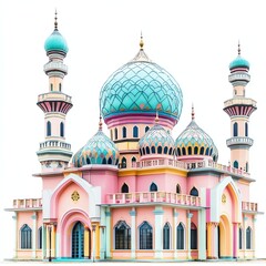 Colorful mosque with intricate domes and towers, white isolate background