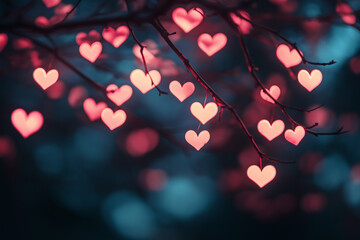 Romantic glowing pink heart lights hanging on branches in a dreamy dark background for Valentine's Day or love-themed designs.