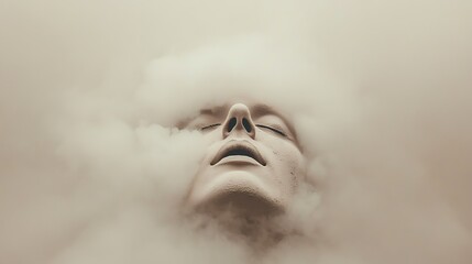 Fototapeta premium A serene figure emerges from a mist, embodying tranquility and an ethereal beauty set against a soft, cloud-like background.