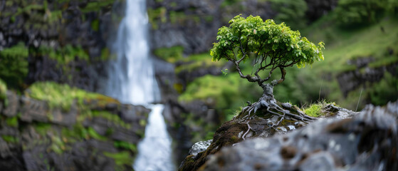 Lush Green Tree by Majestic Waterfall in Serene Nature Setting Surrounded by Rocks and Verdant Landscape