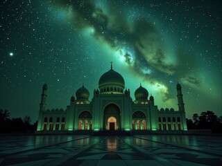 Majestic Mosque under Starry Night Sky Milky Way Galaxy Nighttime Architecture