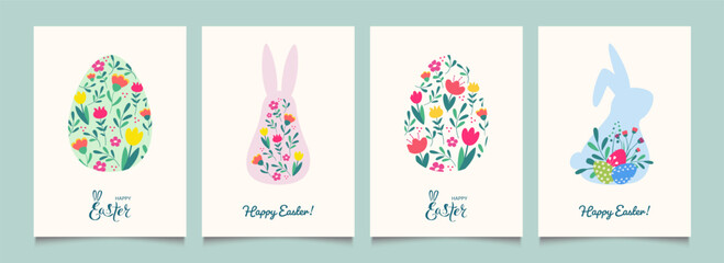 Easter greeting cards or posters with bright eggs, easter bunny and spring flowers. Minimalist banners, pattern backgrounds. Vector illustration.