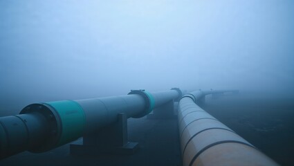 Fog envelops a long pipeline stretching across a desolate landscape during early morning hours