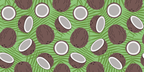 Fruit seamless pattern with coconut and leaves in flat design. Simple vector illustration.