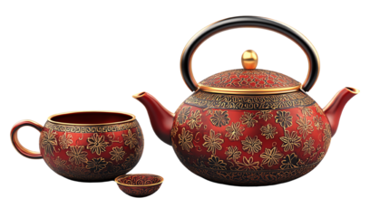Elegant red teapot with matching cup and saucer set.