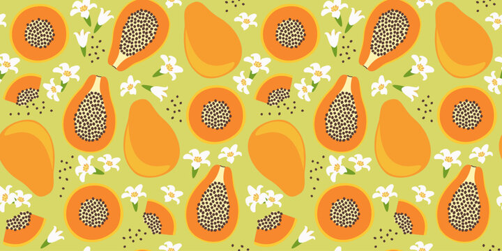Fruit seamless pattern with papaya and flowers in flat design. Simple vector illustration.