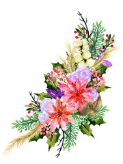 Luxury christmas and happy new year holiday winter swason template set. Watercolor winter leaf branch, holly, isolated background