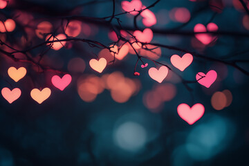 Romantic glowing pink heart lights hanging on branches in a dreamy dark background for Valentine's Day or love-themed designs.