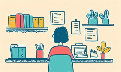 Home office scene with a person filing papers into folders, organized shelves, calm pastel palette