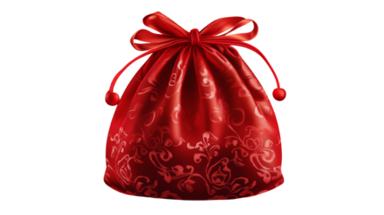 Elegant red fabric bag with decorative patterns and a bow.