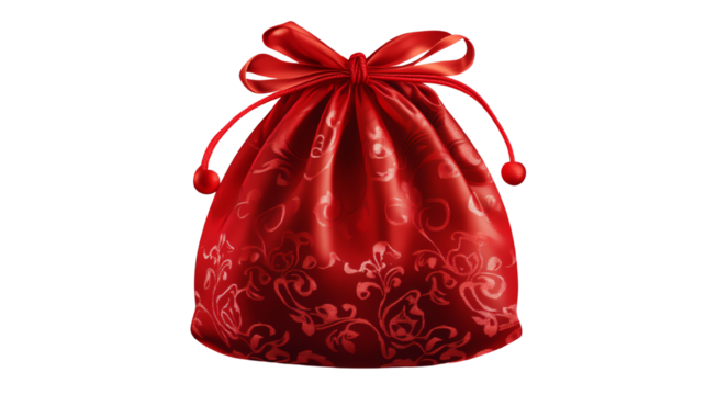 Elegant red fabric bag with decorative patterns and a bow.